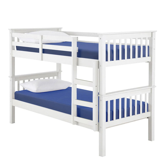 Oxford white wooden bunk bed with safety railings and sturdy ladder, featuring navy blue fitted sheets on both upper and lower twin-sized mattresses. Ideal for children's bedrooms or guest rooms, emphasizing space-saving design and contemporary style